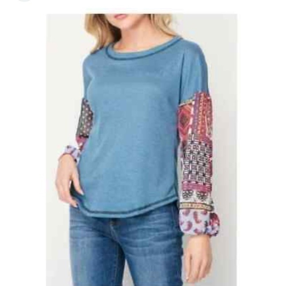 BOHO Patchwork Design Sheer Sleeves Waffle Top by baea Los Angeles MSRP$88